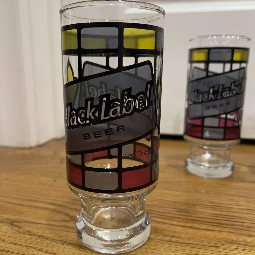 Anchor Hocking Stained Glass Beer Tumbler Black Label‎ Vintage Set Of 4